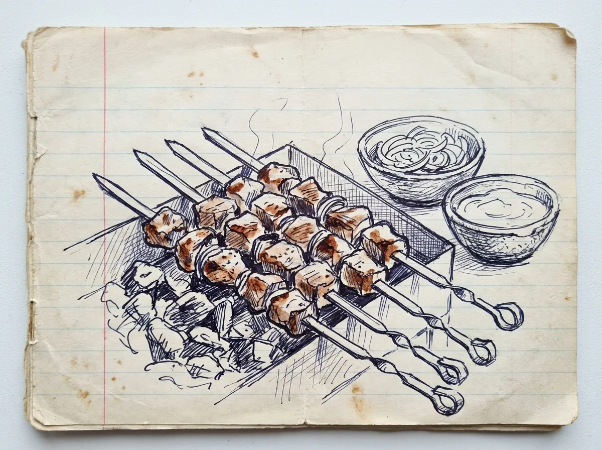 Handgezeichnete Skizze zum Rezept Russisches Schaschlik