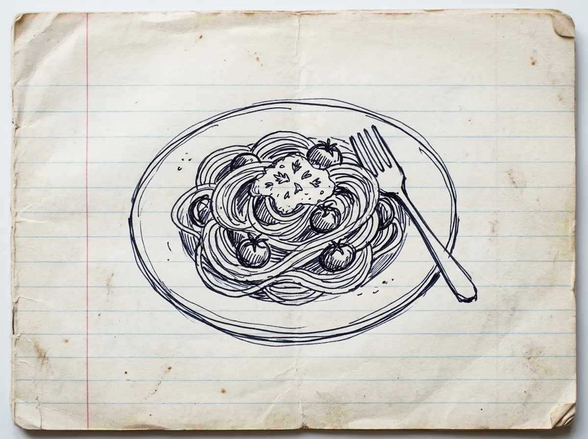 Handgezeichnete Skizze zum Rezept Spaghetti mit Kirschparadeisern und Stracciatella